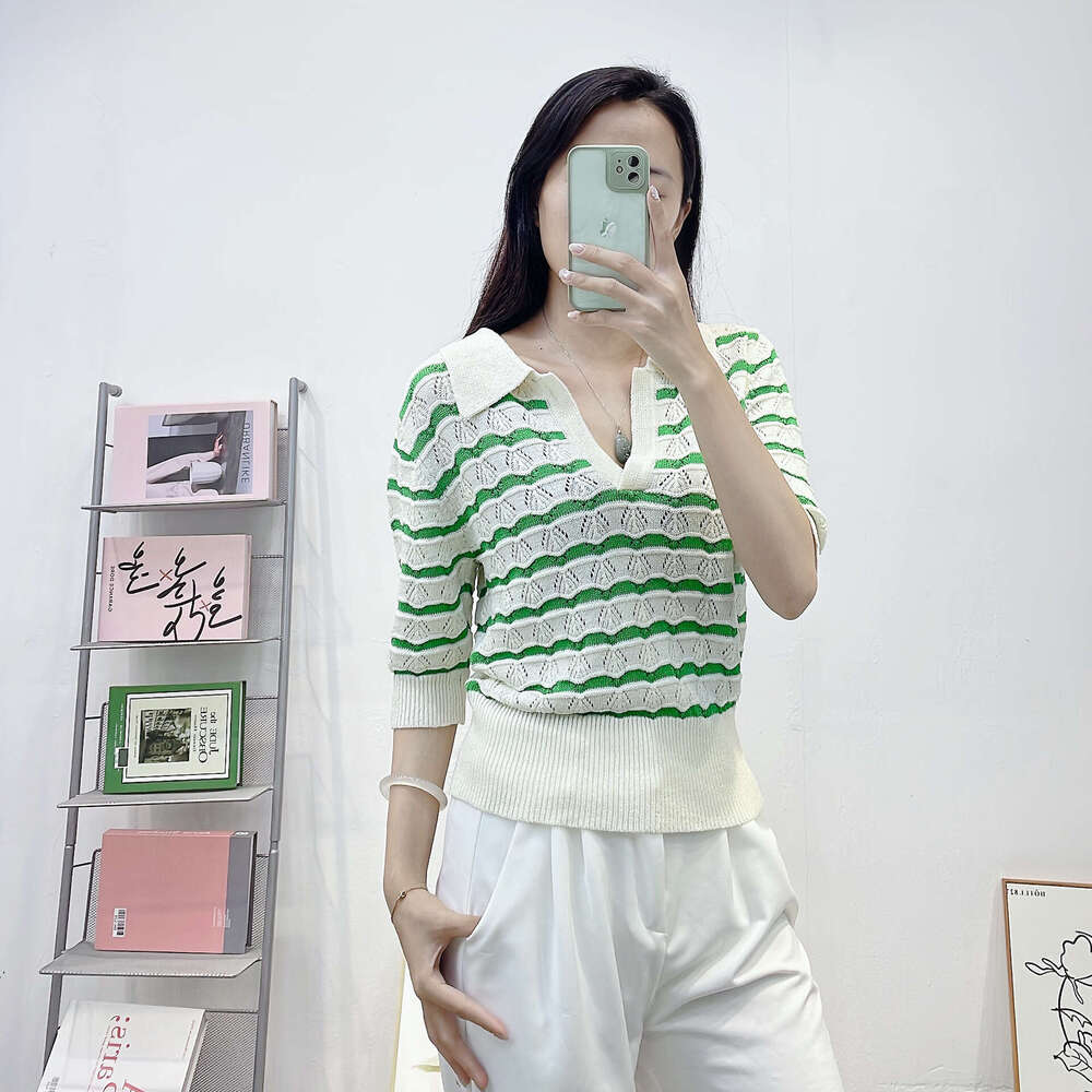 2026 Summer New Designer Thin Knitted k30 POLO Collar Green Stripe V-Neck Hollow Crochet Short Sleeve Knitted Top
