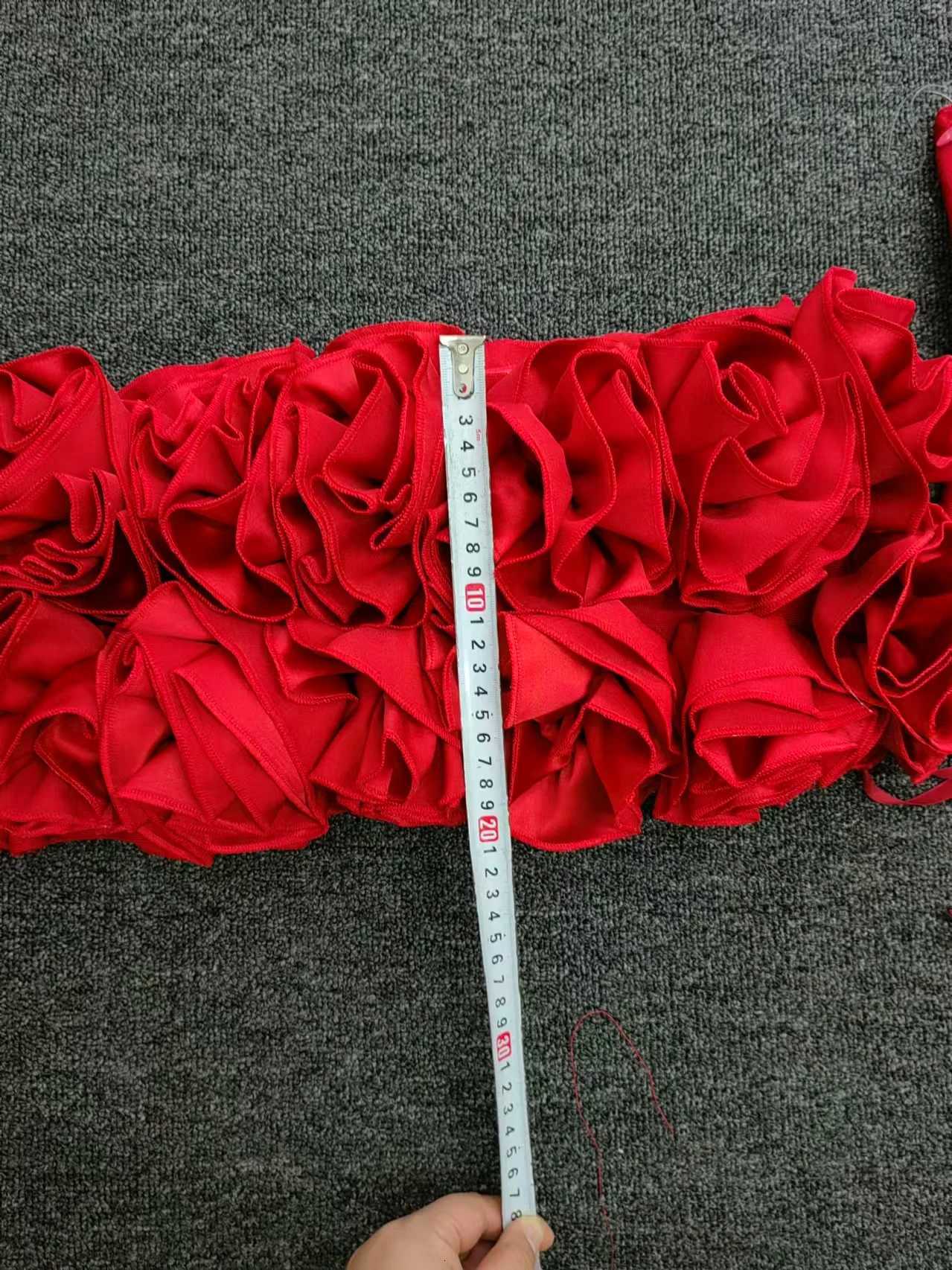 Real Photos Red Club Outfits Women Bandage Strapless Corset Crop Top and Flowers Mini Short Skirt Two Piece Sets Evening Dress C260331