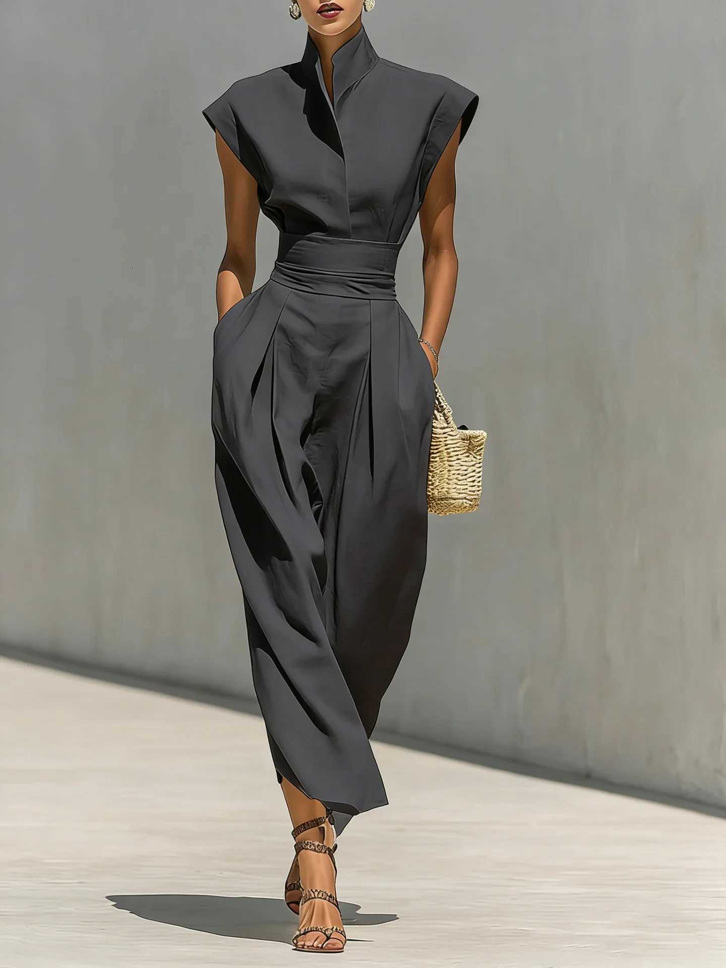 Summer New High Waist Pocket Dress Elegant Lady Slim Pleated Midi Dresses Fashion Solid Stand Collar Sleeveless Commuting Dress C260331