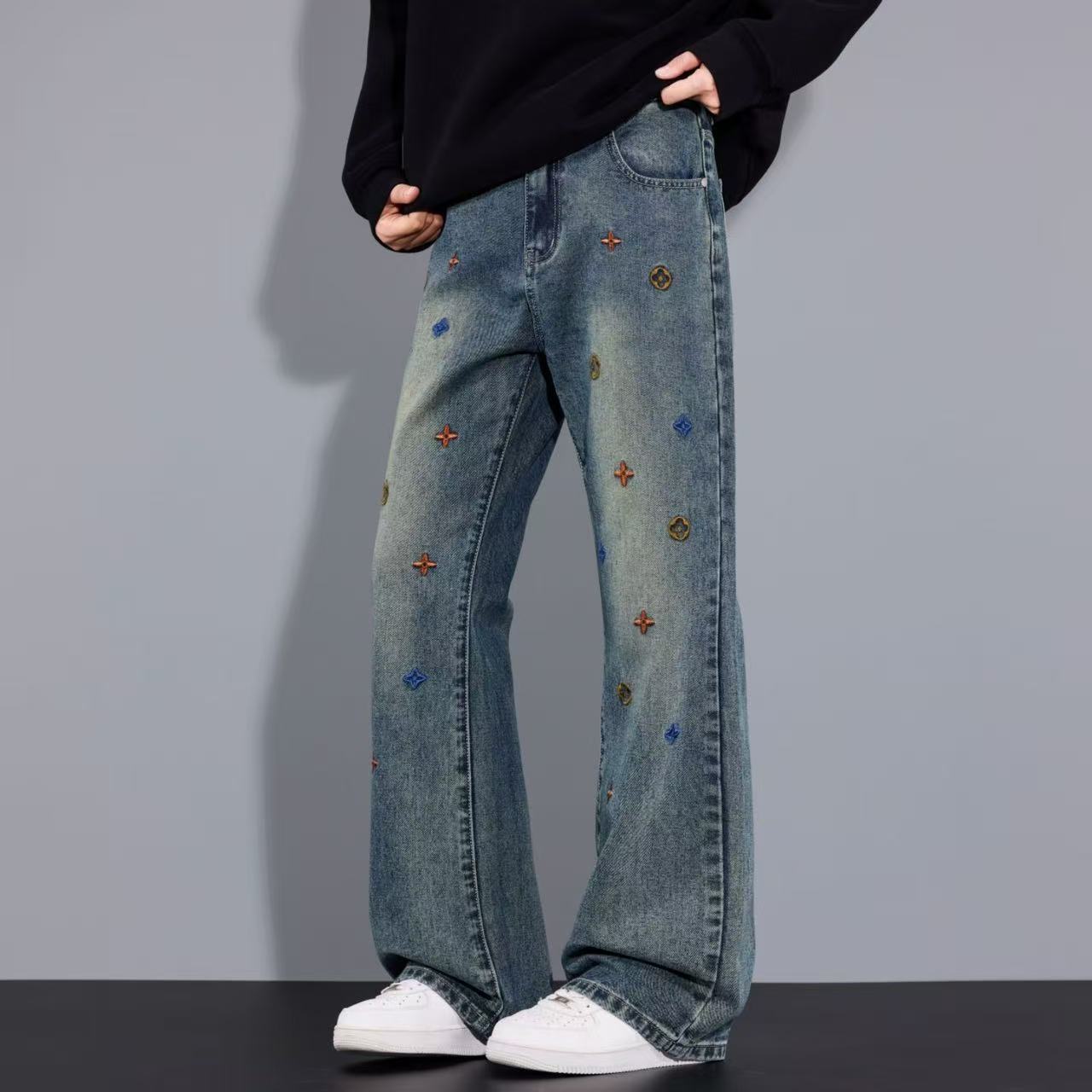 2026Women's new embroidered wide-leg jeans for spring and autumn. Stretchy, slim-fit narrow straight-leg long pants. Available in