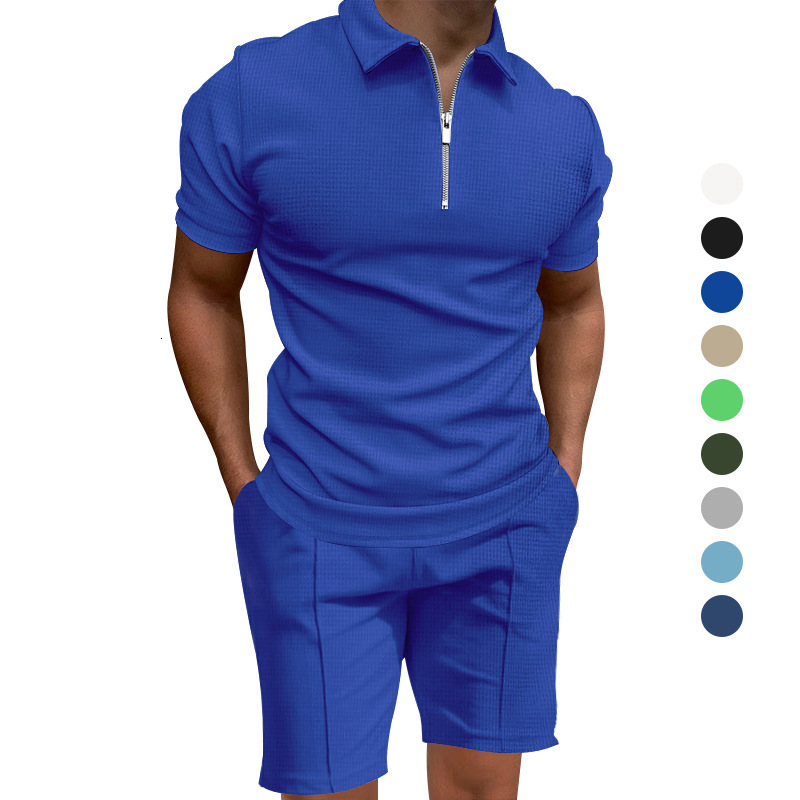 2025 Summer Mens Polo Shirt Set Solid Color Waffle Short Sleeve Slim Fit Turn-down Collar T-shirt Casual Mens Style