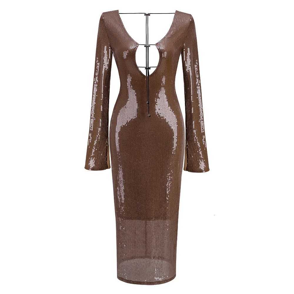 Elegant Deep V Sequin Long Sleeve Party Dress for Women Backless Lace Up Midi Dress Ankle Length Evening Dress Formal Gown Wear C260331