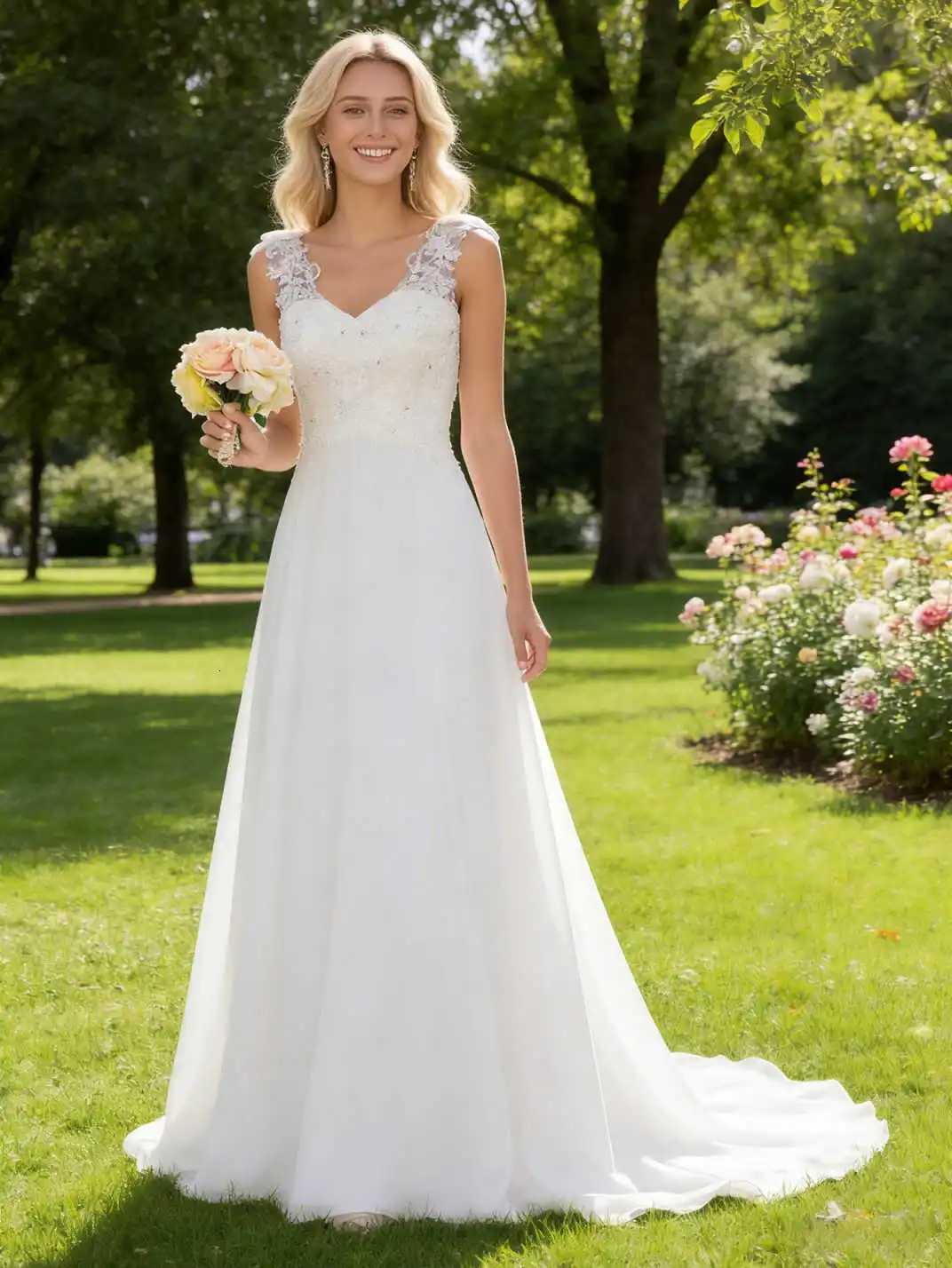 Abaowedding Womens Wedding Dress Lace Double V-Neck Sleeveless Evening Dress C260331