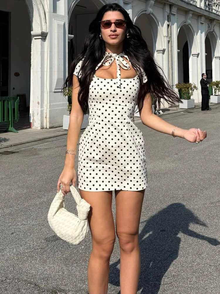 HH Summer Fashion Womens Polka Dot Mini Dress 2026 Short Sleeve Lace Up Collar Party Dress Female Hollow Out Sexy Evening Dress C260331