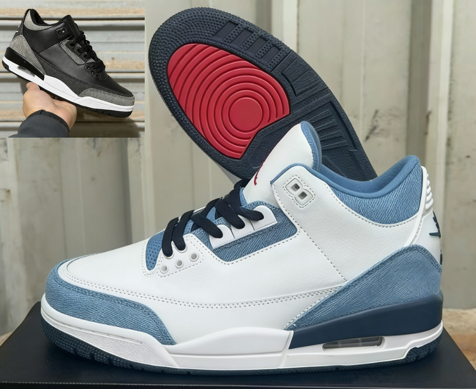 3 Black Grey Denim Texture Casual Sneakers, Mid Top Sport Shoes for Men women and kids , Breathable Athletic Trainers , White Blue Denim 3s Classic Youth Basketball Shoes