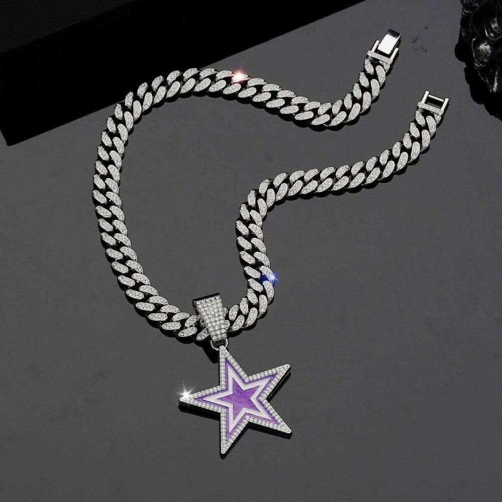 Full-Diamond Five-Pointed Star Colorful Hip-Hop Pendant, European American Trendy Rap Style, Versatile High-End Cuban Chain Necklace For Both Men And  - view 4