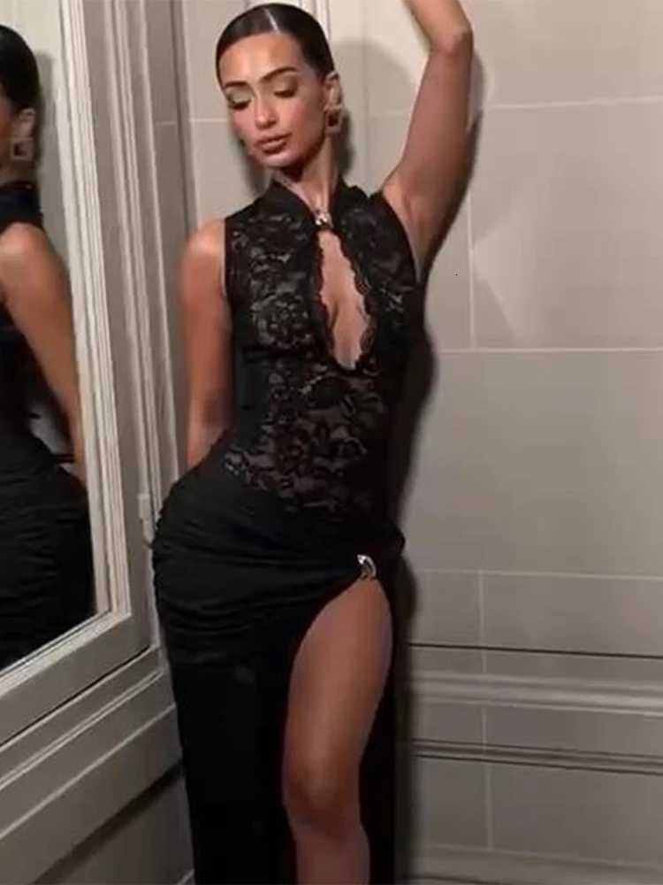 Sexy Lace Dresses For Women Fashion Solid O-Neck Sleeveless Hollow Out High Side Split Long Robes Bodycon See Through Dresses C260331