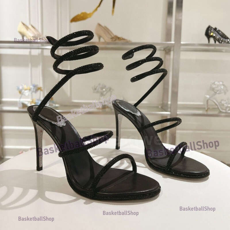 Crystals Embellished rhinestone Heels sandals 9.5cm 7.5cm Snake Strass stiletto Heels Designers Ankle Wraparound women high heeled sandal flower Evening shoes 34-43