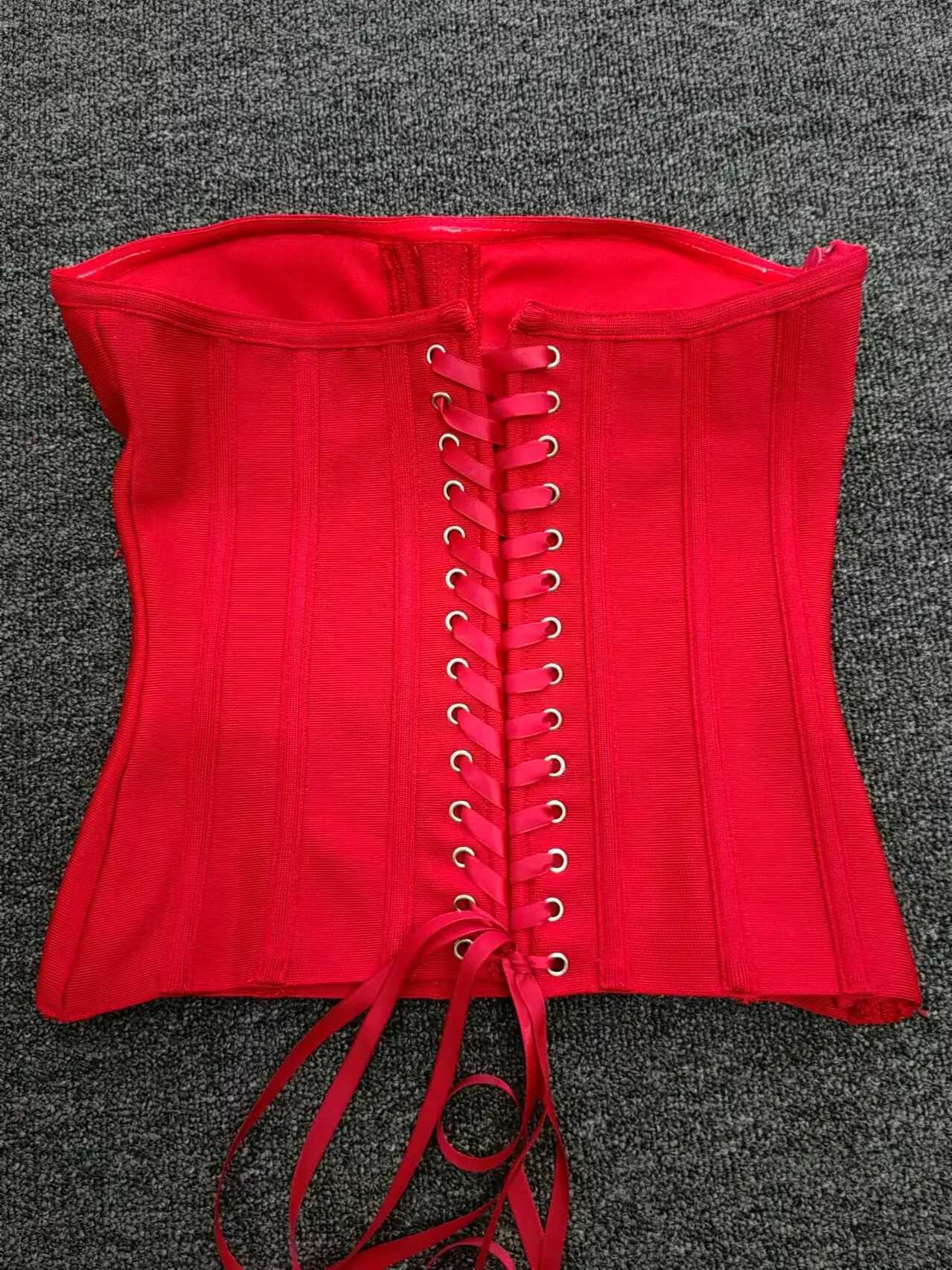 Real Photos Red Club Outfits Women Bandage Strapless Corset Crop Top and Flowers Mini Short Skirt Two Piece Sets Evening Dress C260331