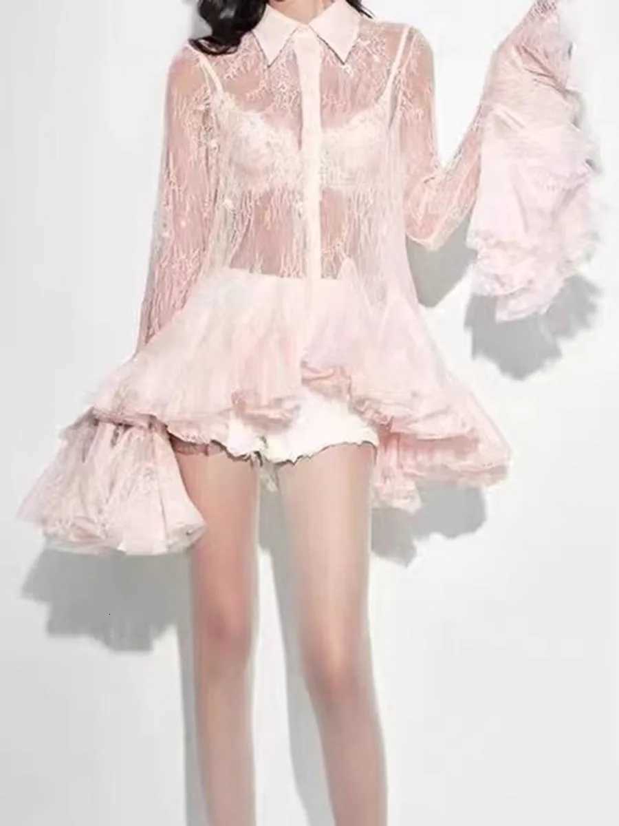 TWOTWINSTYLE Sheer Spliced Ruffles Folds Mini Dresses for Women Lapel Long Sleeves Patchwork Single Breasted Sexy Dress Female C260331