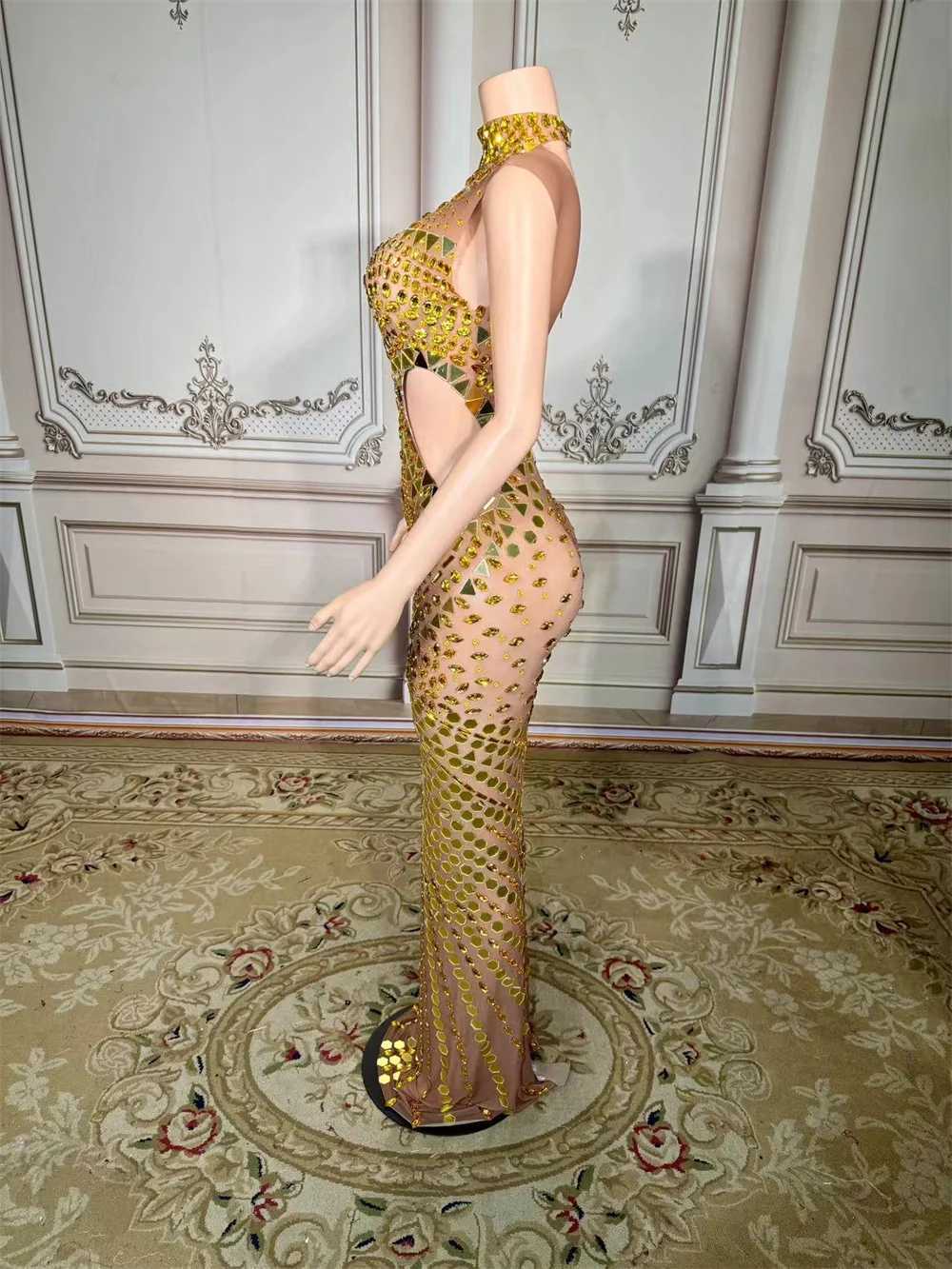 Luxury Mirror Rhinestones Long Dress for Women Singer Celebrity Evening Party Catwalk Prom Outfit Stage Photo Shoot Dresses C260331