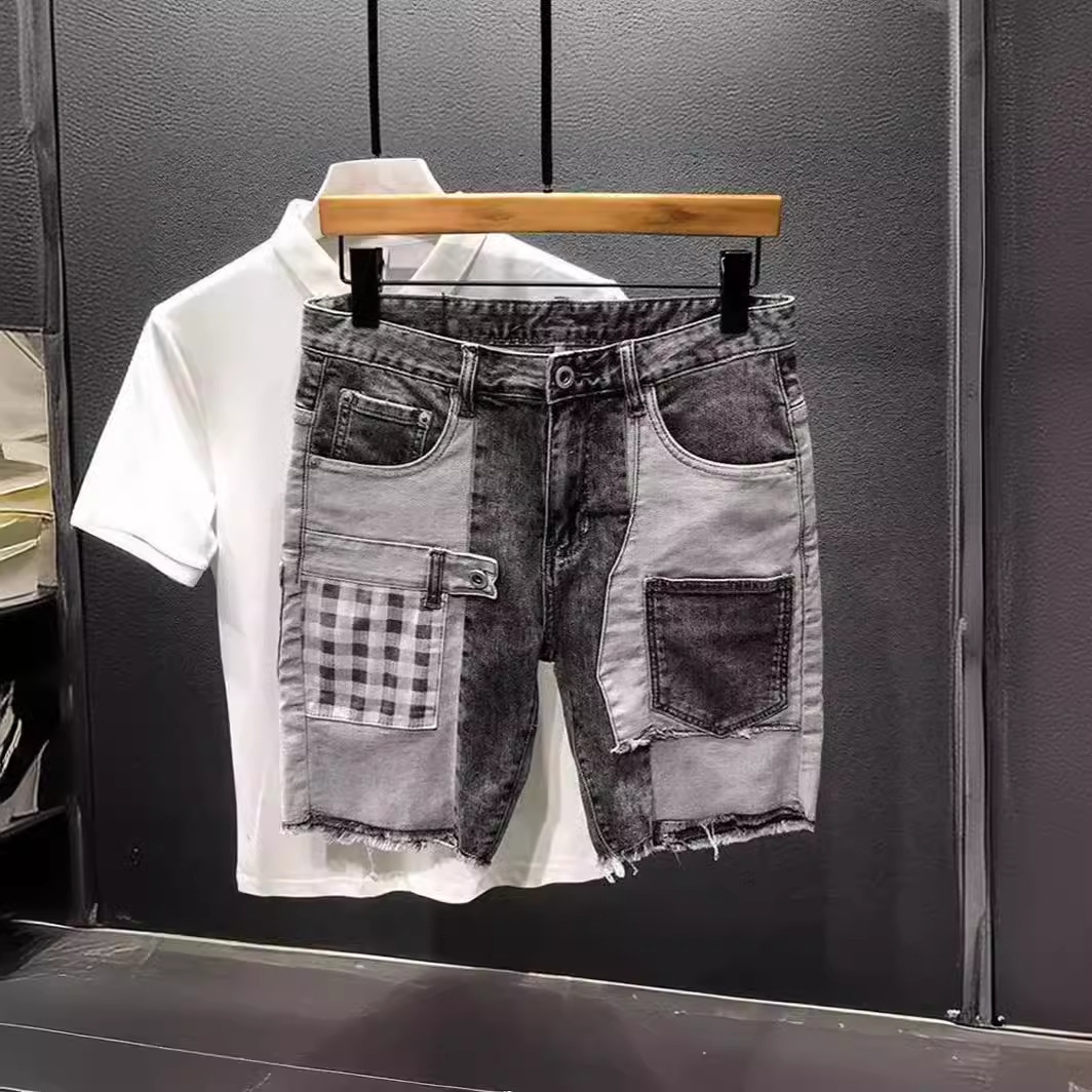 Luxury Brand Designer Clothes 2025 New Model Personalized Multi-Pocket Patchwork Color-Block Versatile Denim Shorts For Men, Summer Trendy Casual Shor