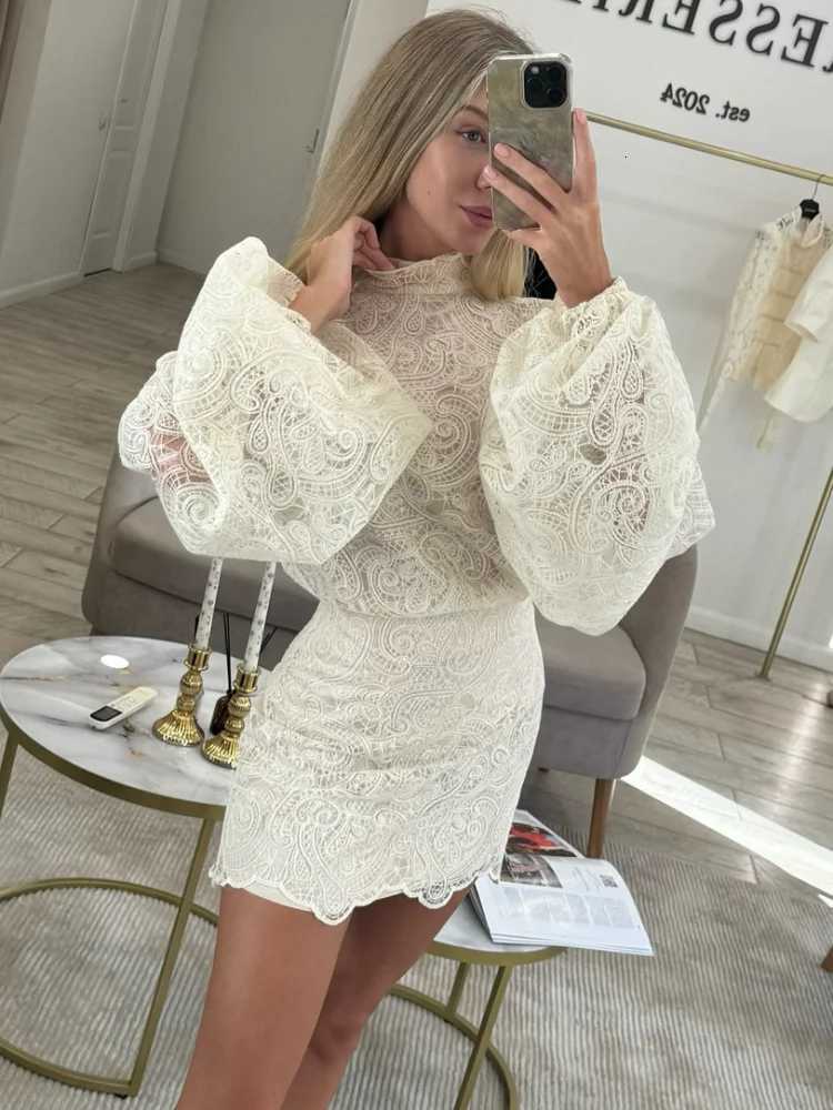 Women Solid Hollow Out Lace Mini Dress High Collar Flare Long Sleeves Short Vestidos Chic Lady Elegant Night Party Club Gowns C260331
