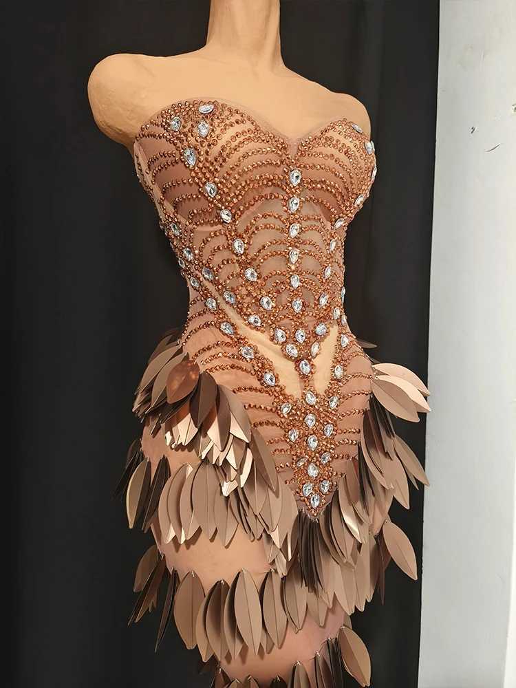 Sexy brown Leaves rhinestone Evening Dancewear fishtail dress Celebrate Catwalk Show nightclub Performance Stage Outfit costume C260331