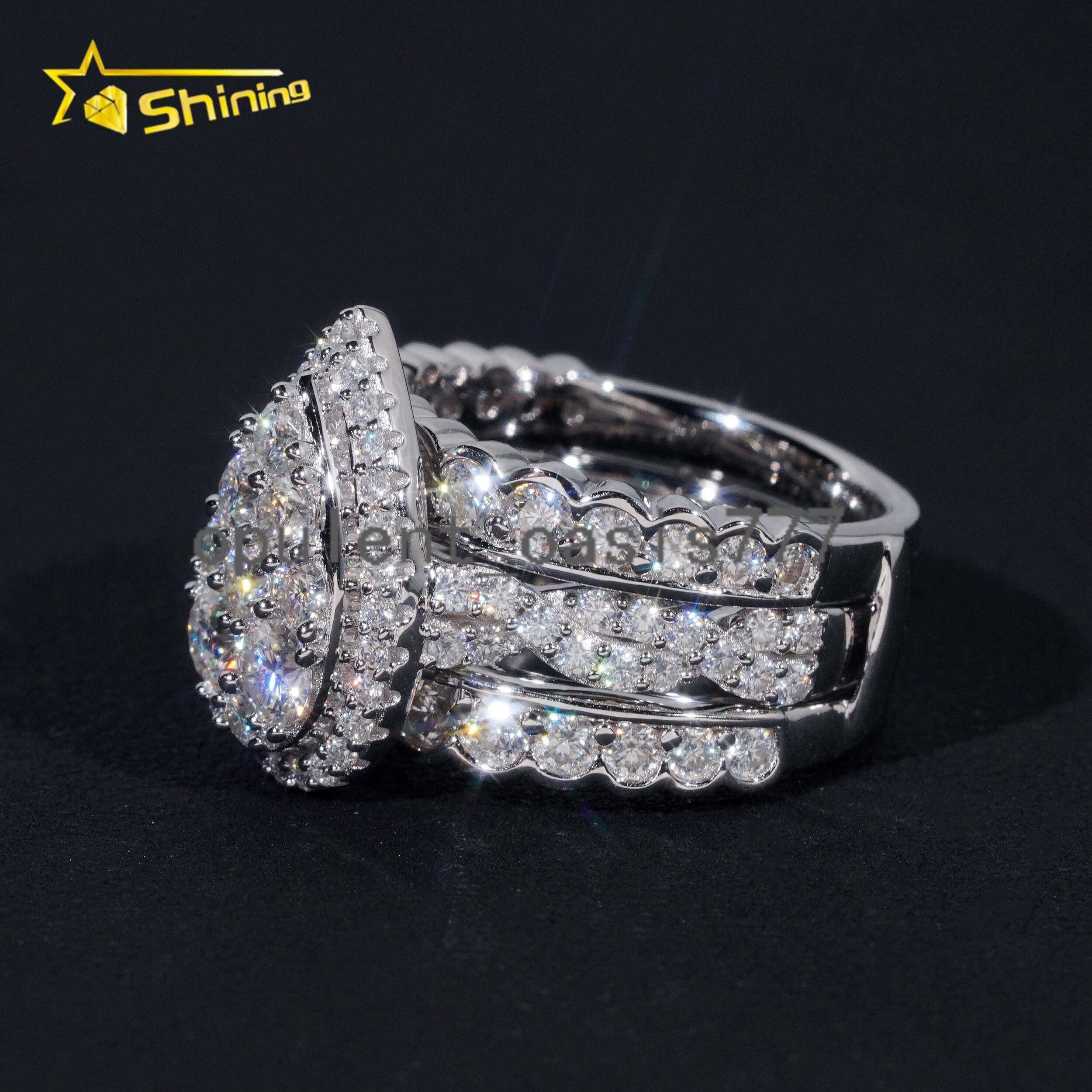 Trendy 925 Silver Rhodium Plated Custom Full VVS Moissanite Diamond Wedding Engagement Rings Set for Women
