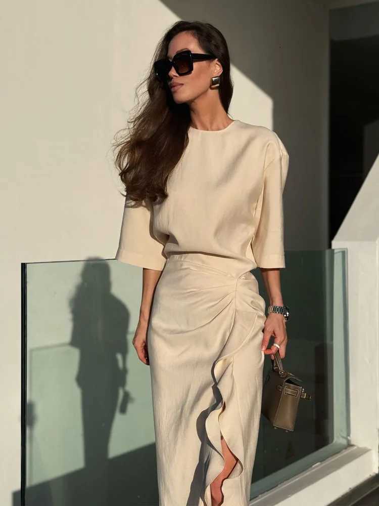 HH Women New Fashion Round Neck Pleated Short Sleeve Waist Dress Women Casual Sexy Side Zipper Button Solid Midi Summer Dress C260331