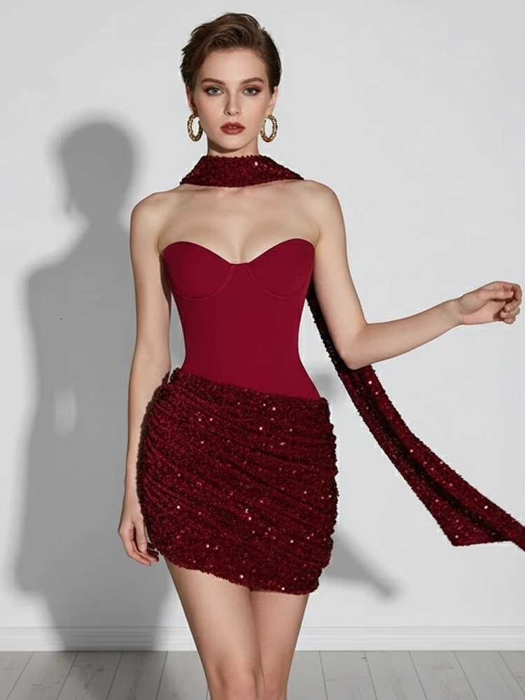 Chic Sequin Patchwork Strapless Mini Dress Women Scarf Collar Off-shoulder Waist Cinching Pleated Robe Lady Evening Party Gowns C260331