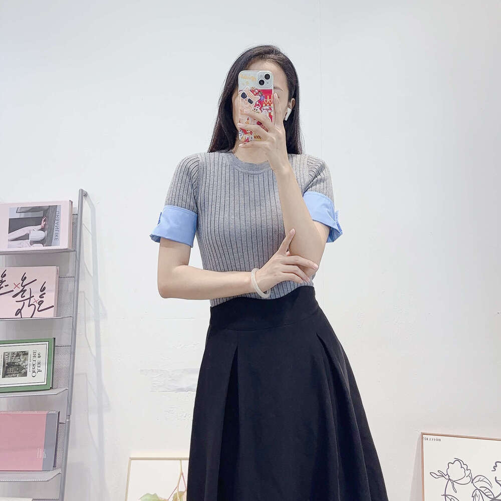 Designer women's French light luxury slim ribbed sweater with contrasting color k30 splicing short sleeved round neck knitted top