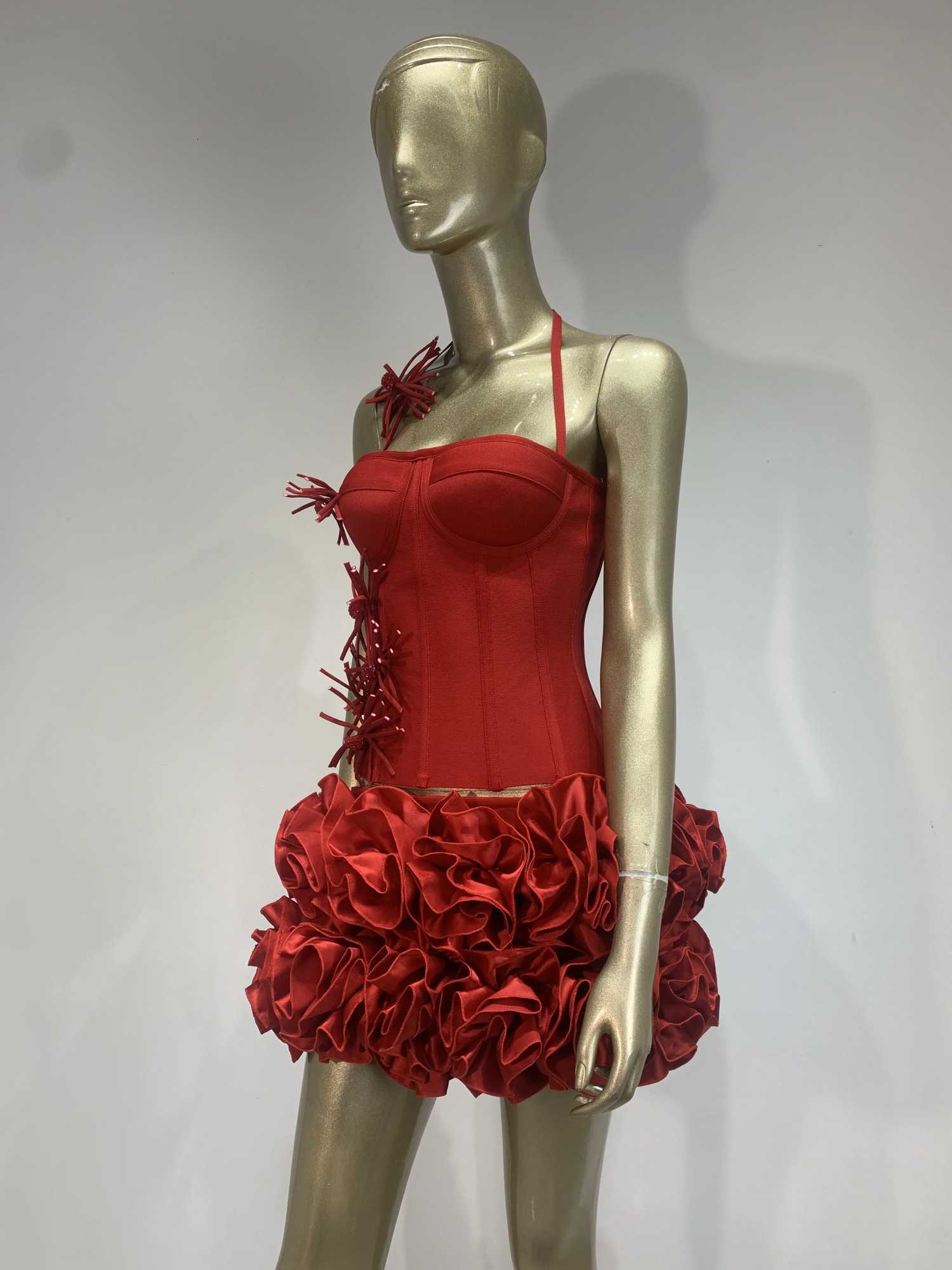 High End Fashion Women Red Bandage Outfit Halter Slash Neck Corset Top And Rose Mini Skirt Two Pieces Sets Evening Club Party C260331