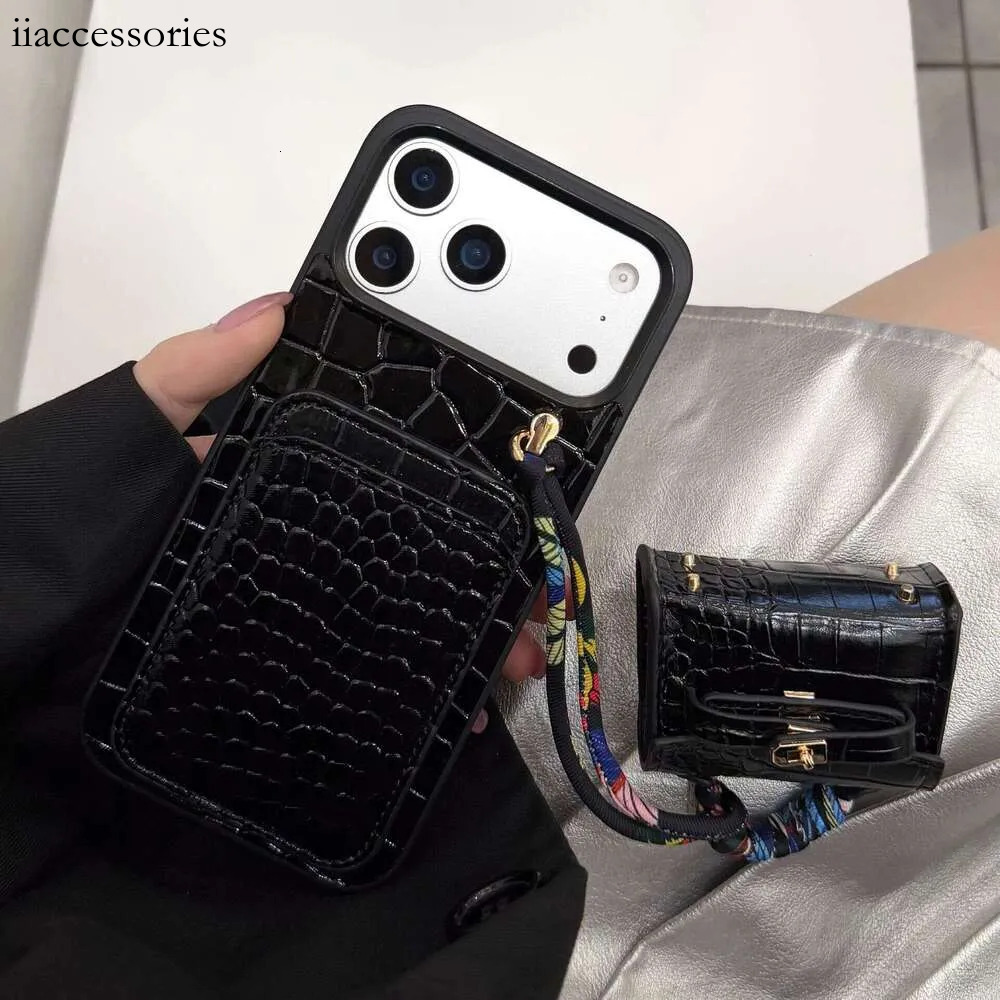 Phone Cases 17 PM Crocodile Pattern Case with Card Holder & Mini Earphone Pouch Trendy Women's Cover for Phone 17/15 Pro/12