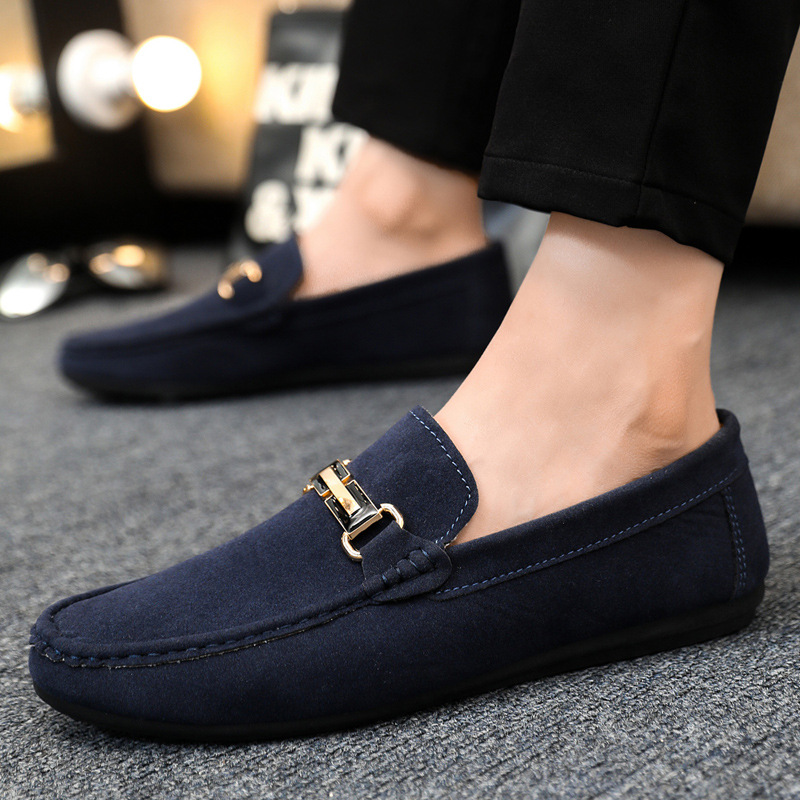 2026 Men's Suede Loafers Gold Metal Buckle Decor Slip-On Driving Shoes