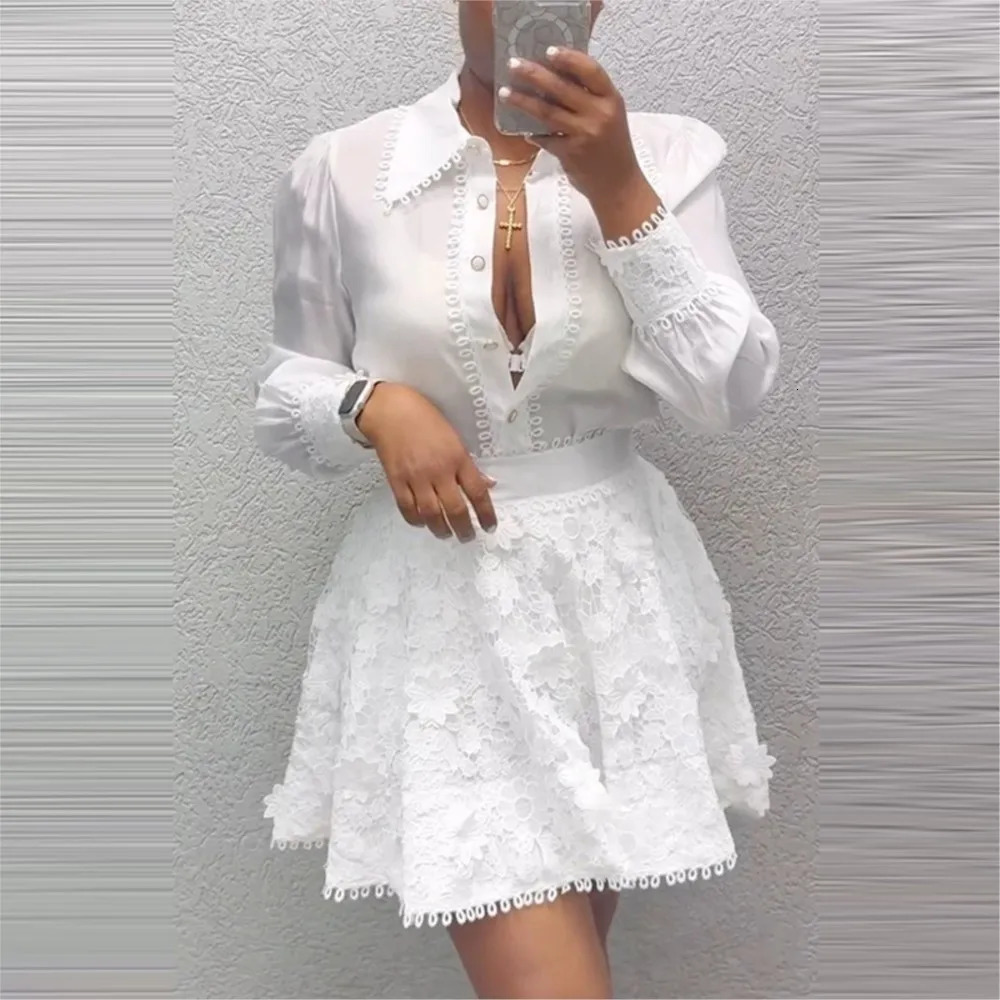 Fashion White Lace Patchwork Long-sleeved Shirt Women Dress Set Autumn Elegant Lace Short Skirt Woman 2 Piece Skirt Set 260330