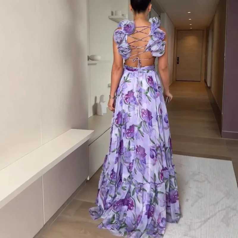 2025 New Bohemian Sexy Printed Women Dresses Halter Sleeveless Backless Naked Waist Long Dress Fashion Summer Beach Holiday Robe C260331