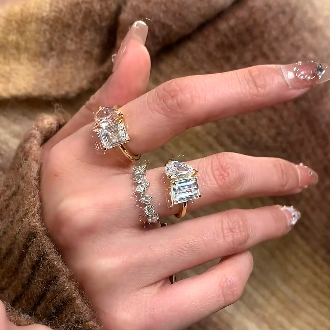 French Vintage Teardrop-Shaped Diamond Ring: Designer 24K Gold-Plated, Exquisite Geometric Dual-Stone Ring for the Ring Fingerg