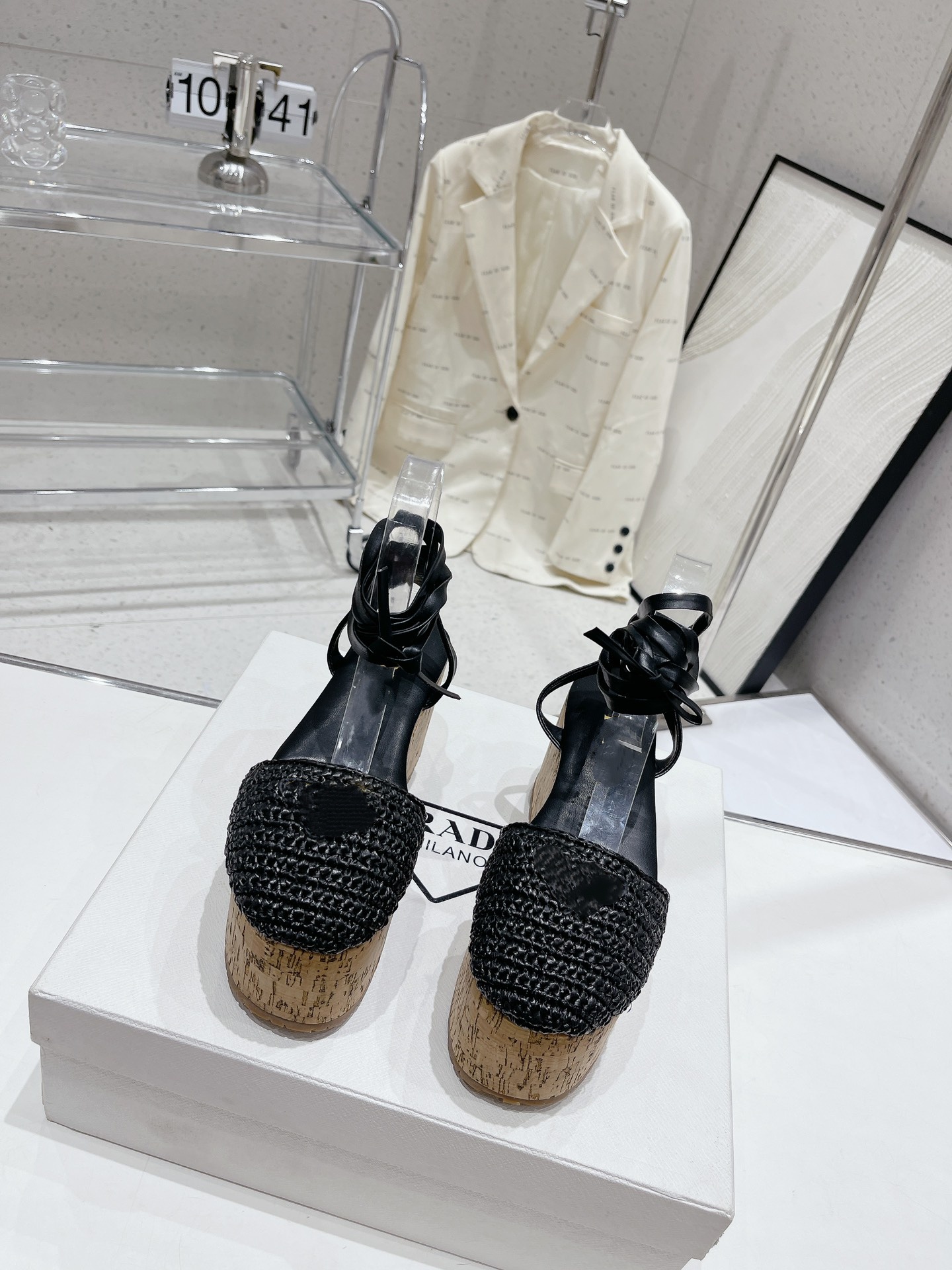 Designer -Crochet wedge sandals Color Natural Raffia effect yarn Upper with nappa leather ankle laces Enameled metal triangle logo Roman designer platform