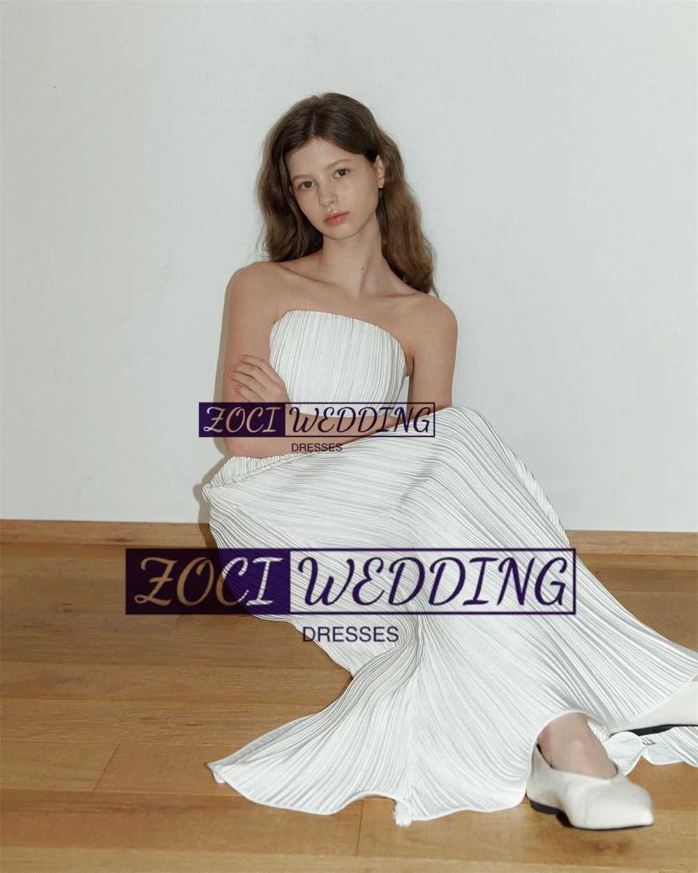 Zoci Luxury Strapless Wedding Dresses Sleeveless Pleats Satin Draped Korea Photos Shoot Dress Customized Backless Bridal Gown C260331