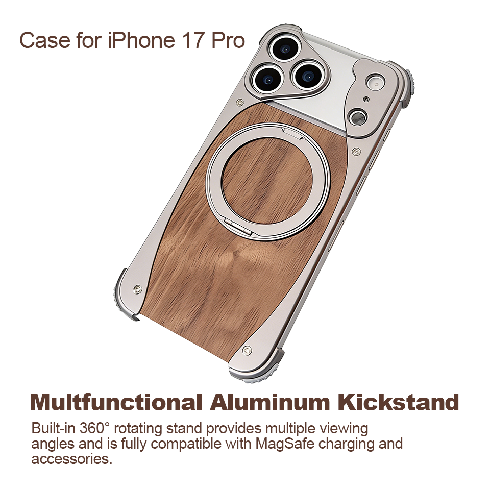 FASTAND Solid Wood Magnetic Phone Case for iPhone 17 Pro 360°Rotate Kickstand Wireless Charging Protective Cover
