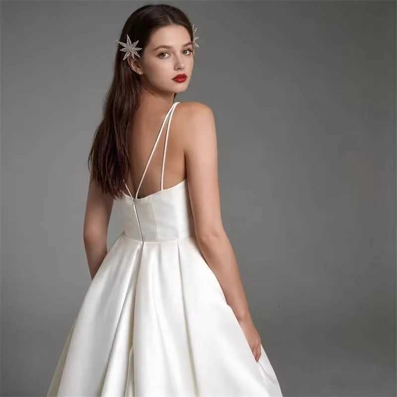Customized Simple Satin Slit Solid Wedding Dresses Sexy Spaghetti Straps Pleats A Line Bridal Gown Vestido De Noiva with Pockets C260331