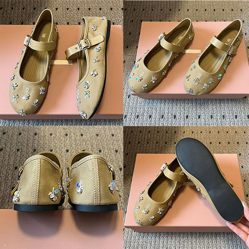Designer Embroidered drill Mary Jane Shoes lady new model crystal floral canvas ballet shoes adjustable buckle Embroidered iconic Sophisticated drill ballerinas