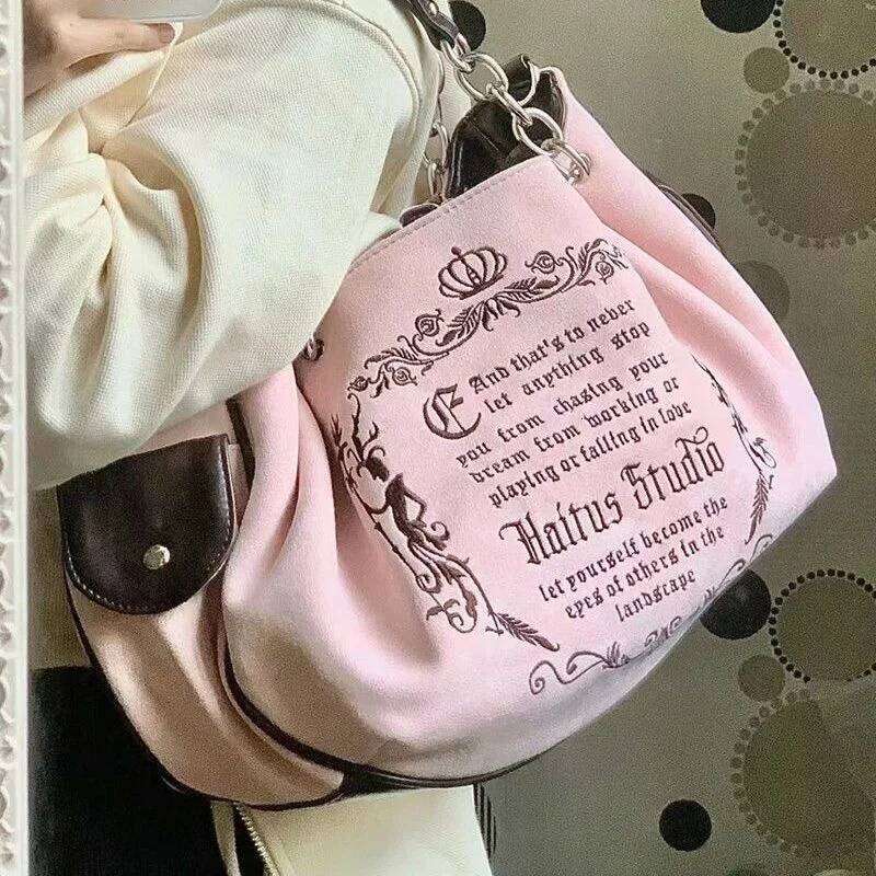 Y K Women Pink Vintage Gothic Tote Bag Aesthetic Large Capacity Embroidery Letter Retro Ladies Grunge Chain Travel Shoulder Bags SENYY