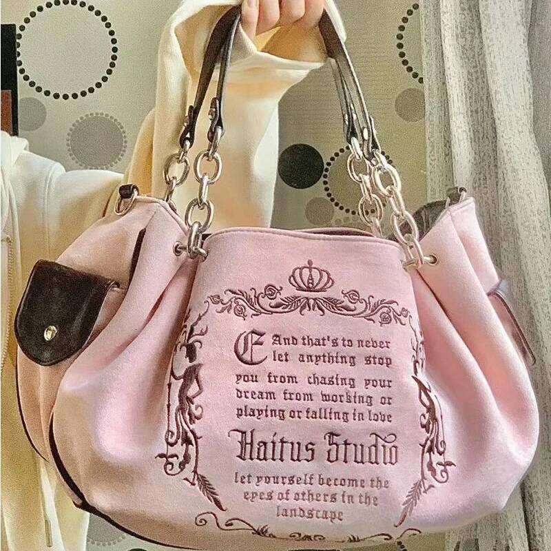 Y K Women Pink Vintage Gothic Tote Bag Aesthetic Large Capacity Embroidery Letter Retro Ladies Grunge Chain Travel Shoulder Bags SENYY