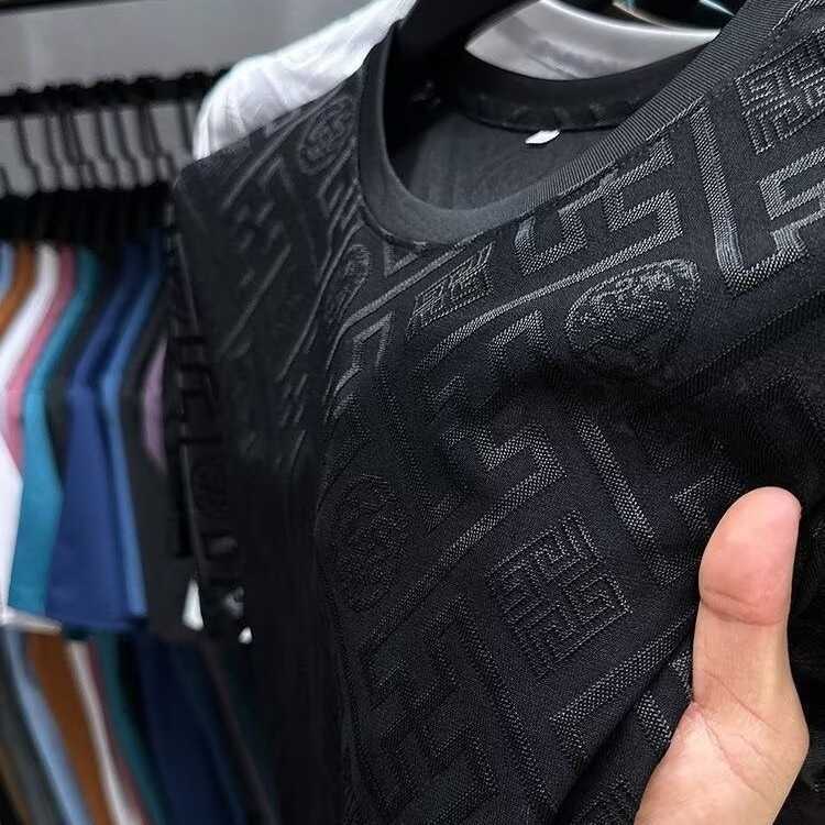 Summer high-end ice silk new round-neck mens breathable T-shirt casual slim-fit short-sleeve fashionable jacquard thin short-sleeve shirt