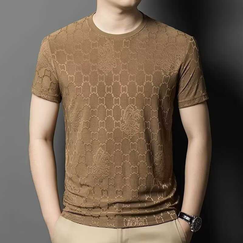 Summer high-end ice silk new round-neck mens breathable T-shirt casual slim-fit short-sleeve fashionable jacquard thin short-sleeve shirt
