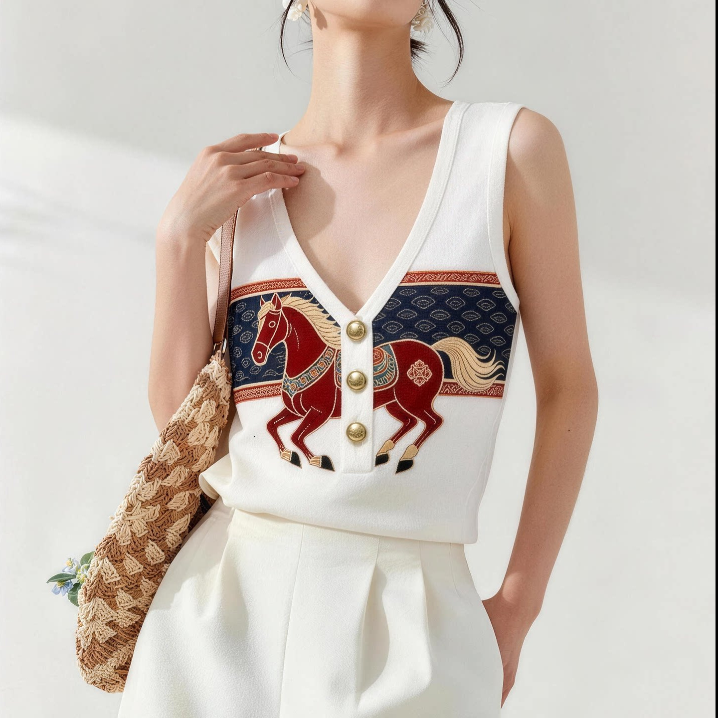 Women Ladies V Neck Sleeveless Slim Vest Designer New Chinese Style National Trend Horse Printed Summer Fashion Elegant Skinny Casual Top For Inner Ma