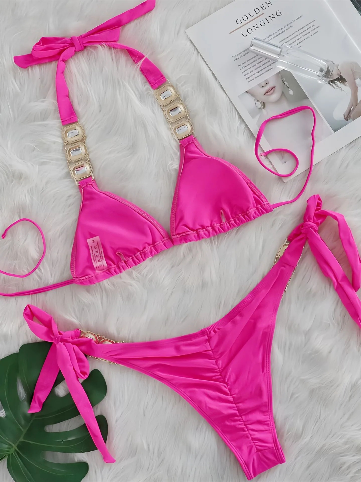 Sexy Rhinestone Bikini Set Women 2026 y Pink Crystal Diamond Push Up Bandage Thong Swimsuit Beach Bathing Suit Swimwear 260430