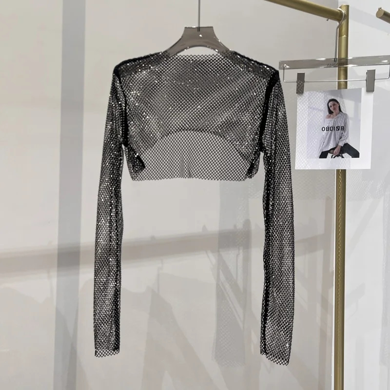 sexy bright diamond short top Slim thin Ms drill long-sleeved T-shirt sexy leak waist nightclub 260430