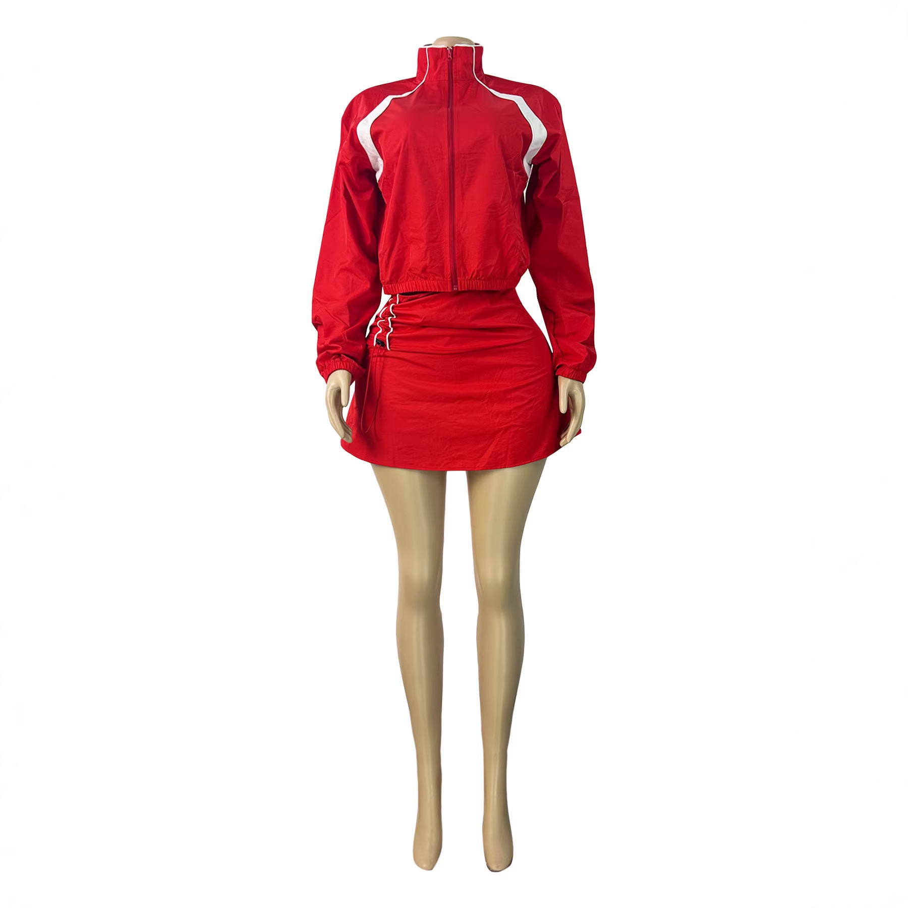 HR26012 European and American women's fashion long-sleeve zip-up color-block stand-up collar jacket and drawstring pleated skirt-pants two-piece 