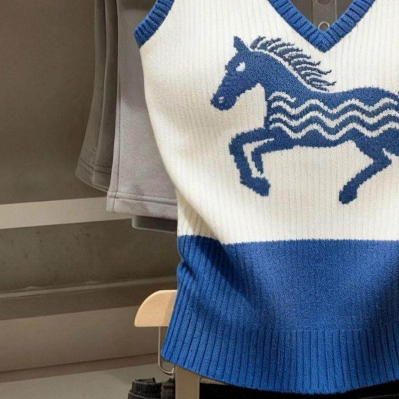 Women Ladies Ice Silk Knit Sleeveless Sweater Designer Color Block V Neck Pony Pattern 2026 Summer Slim Fit Versatile Age Reducing Casual Vest For Inn