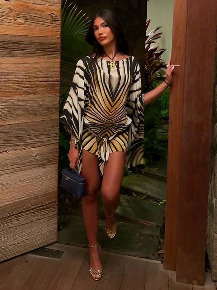 Holiday Loose Striped Mini Dress Women Round Neck Batwing Sleeve Lace Up Chic Dresses Female 2026 Summer Vacation Beach Robe