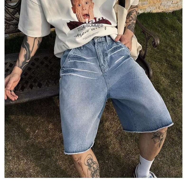 Denim Shorts Male Washed Black Stretch Jean Shorts Streetwear Travel Beach Holiday Cross-border American retro washed whisker pattern raw edge straigh