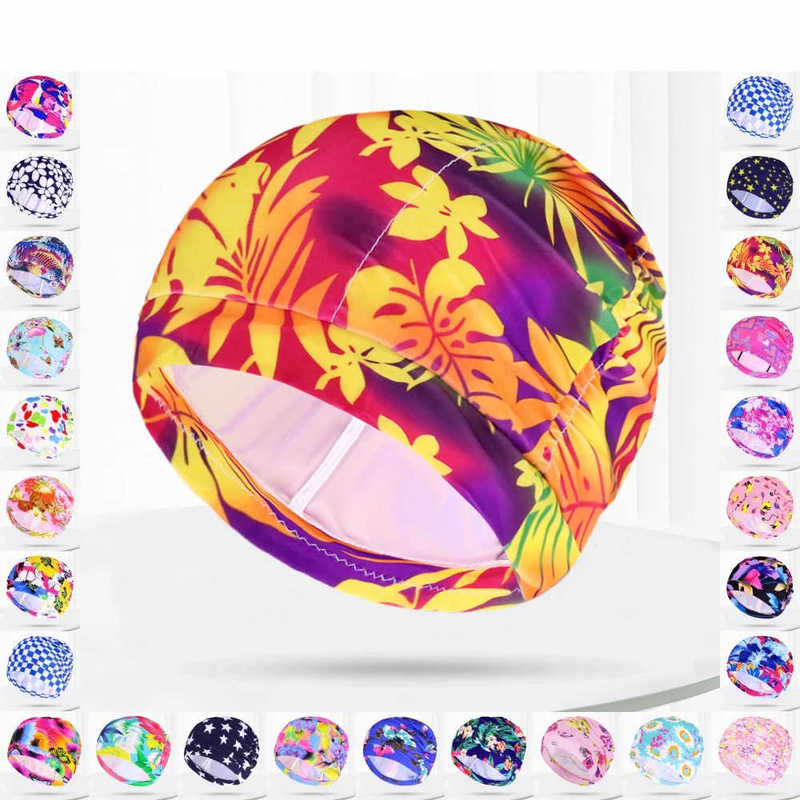 Pleated Fabric Swimming Caps Women Men Flower Heart Stars Print Swim Pool Water Sport Long H Elastic Nylon Bathing Hat Turban 260427