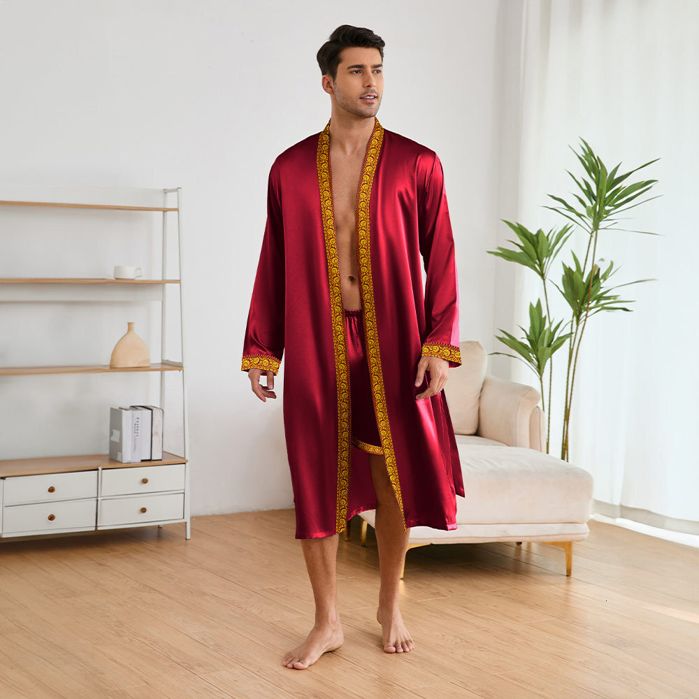 Yaoting designer Men's Ice Silk Pajamas Men's Spring Summer Chinese Style Long Robe Shorts Homewear Set TZ22332