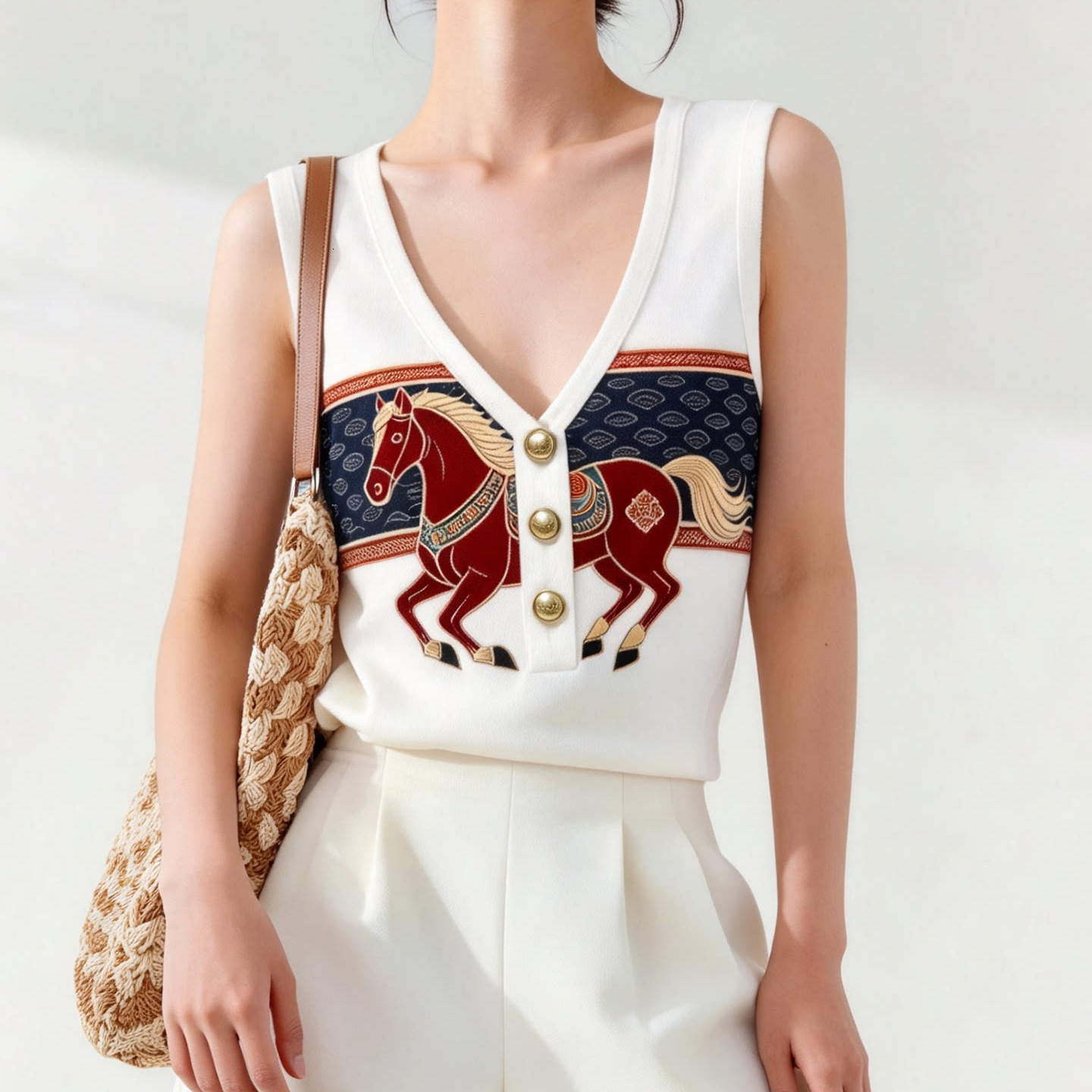 Women Ladies V Neck Sleeveless Slim Vest Designer New Chinese Style National Trend Horse Printed Summer Fashion Elegant Skinny Casual Top For Inner Ma
