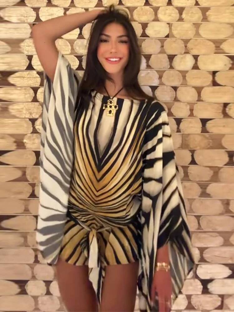 Holiday Loose Striped Mini Dress Women Round Neck Batwing Sleeve Lace Up Chic Dresses Female 2026 Summer Vacation Beach Robe