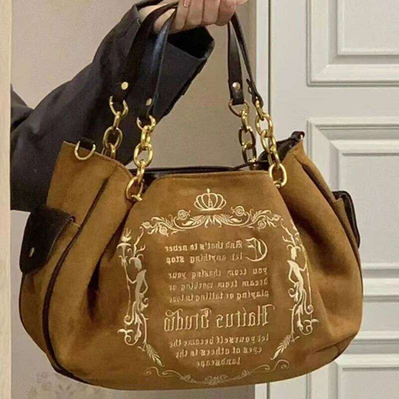 Y K Women Pink Vintage Gothic Tote Bag Aesthetic Large Capacity Embroidery Letter Retro Ladies Grunge Chain Travel Shoulder Bags SENYY