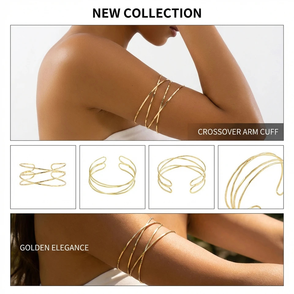 Boho Gold Color Upper Arm Cuff for Women Simple Multilayer Wire Armlet Bracelet Summer Beach Festival Body Jewelry Accessories 260430